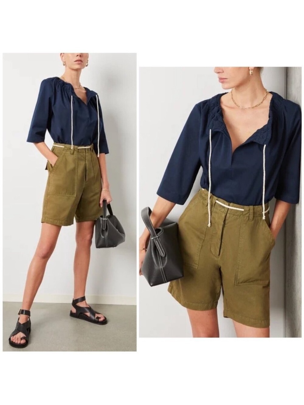 Navy Drawstring Collar Blouse for Women